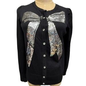 Charter Club Women's Black Sequin Bow Cardigan Sweater M Bling Buttons Party